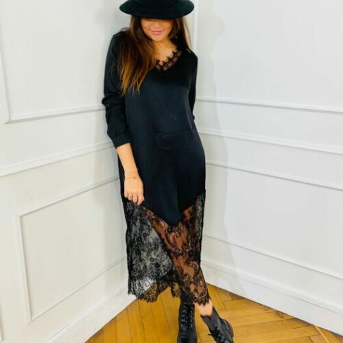 Robe satinée noire et dentelle CHARLY