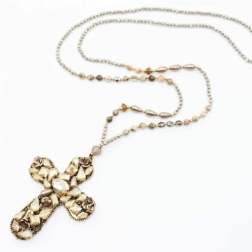 Sautoir en perles de cristal croix doré