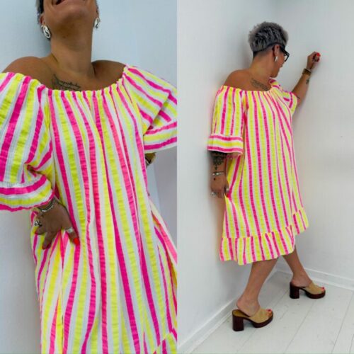Robe MYA rayée jaune et rose fluo