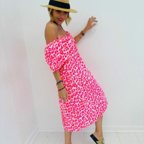 Robe JUSTINE léopard rose fluo