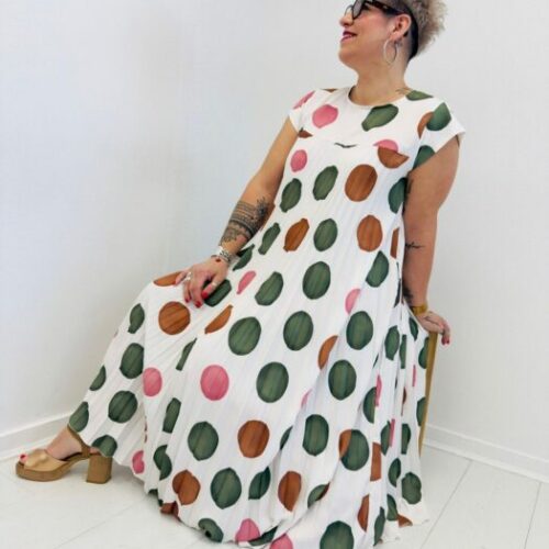 Robe plissée DINA blanche à pois kaki rose et camel