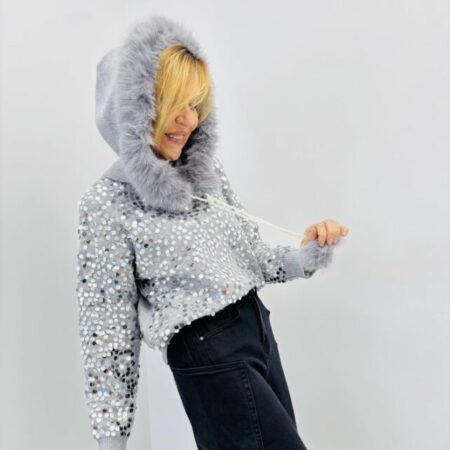 Pull sequin capuche fausse fourrure