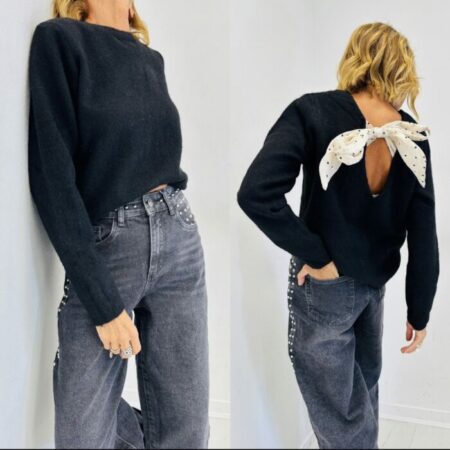 Pull noir noeud satiné beige