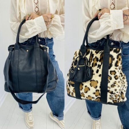 Sac à main 3 en 1 noir fourrure léopard