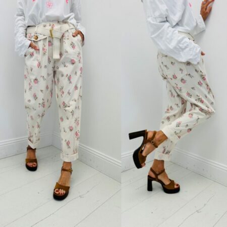 Pantalon beige fleurs rose