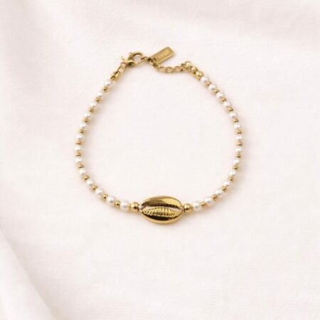 Bracelet perles nacrés et coquillage doré