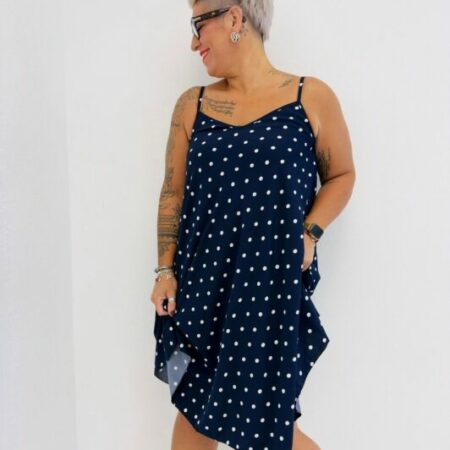Robe LEXIE fines bretelles marine à pois